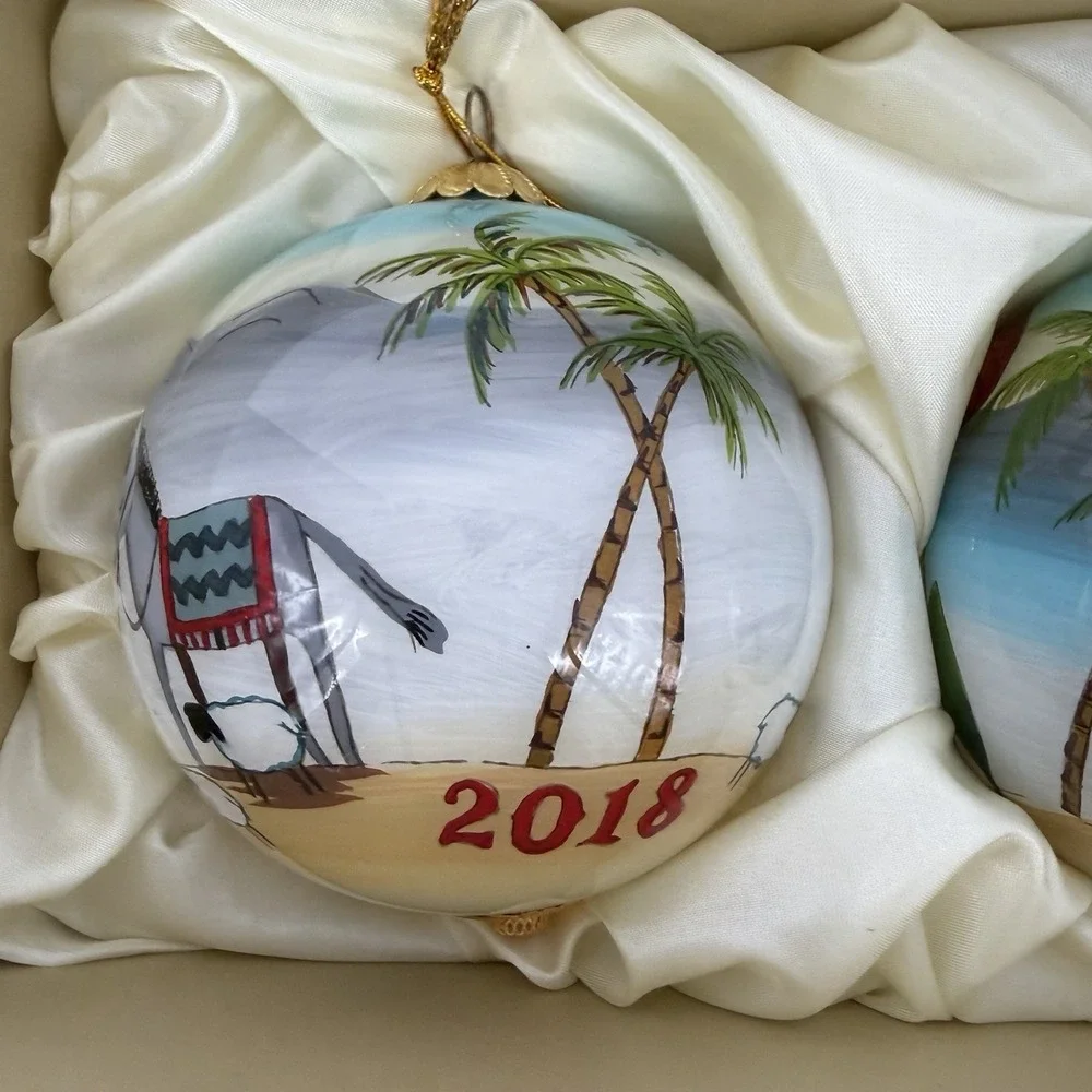 Three Hand‎ Painted Pier One Li Bien 2018 Christmas Ornaments w/ 3 Position Box